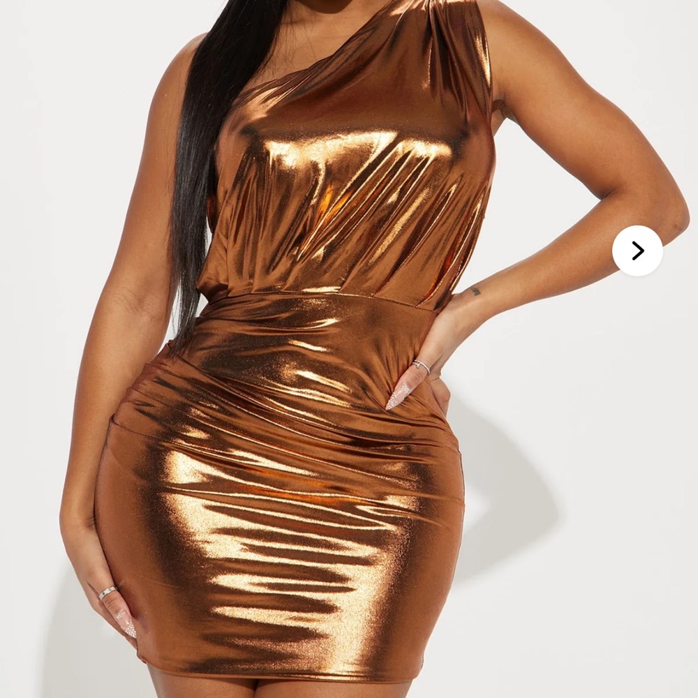Fashion Nova Shimmering Copper One-Shoulder Dress